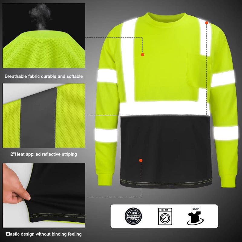 DPSAFETY High Visibility Class 3 T Shirts,Hi Vis Safety Shirts with Reflective Strips and Pocket, Long Sleeve Quick Dry Mesh Construction Work Shirt for Men/Women Black Bottom Lime,3XL - Image 2